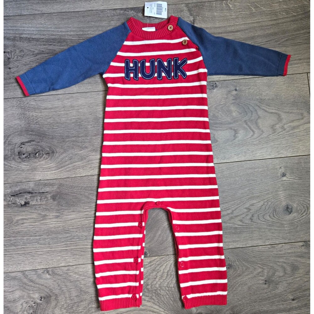 NWT Good Lad Baby Boy 12M Knit Sweater Romper Red Striped Hunk Cracker Barrel